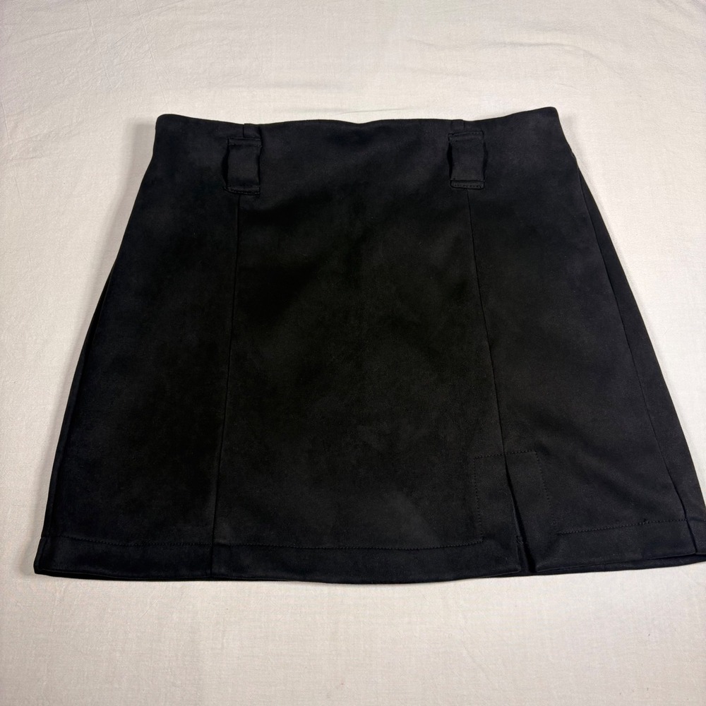 Iris Black Faux Suede Mini Skirt Front Slit Elastic Back XL‎ IS1336